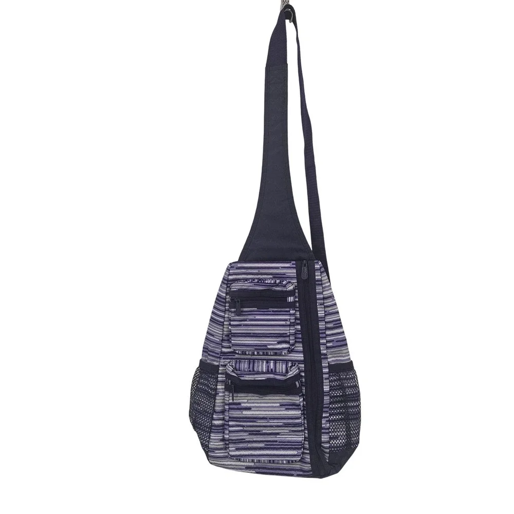 Thirty-One Sling Backpack‎ Bag Purple Stripe Crossbody Zip Pockets Travel